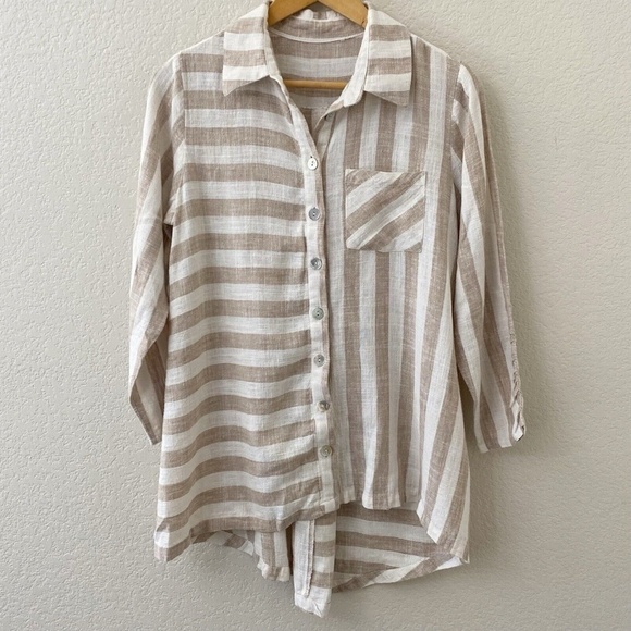Soft Surroundings  Linen Blend Top Size Small Tan Cream Striped Long Sleeve - Picture 1 of 6